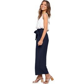 FANCYINN Womens 2 Piece Crop Pants Set V Neck Tank Wide Strap Tops High Waisted Cropped Paper Bag Pants with Belt Navy Blue Pants & White Top S