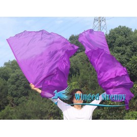 Winged Sirenny 70" Worship Angel Wing Silk Flags with Flex Rods, Circular Handpainted Feather Light Fluid Translucent Silk Banner (solid violet)