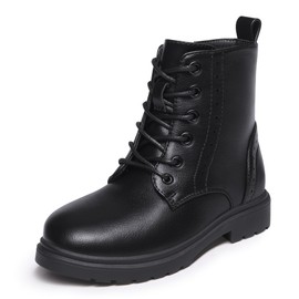 Athlefit Boys Girls Waterproof Combat Boots Lace Up Side Zipper Black Ankle Booties for Big Kid Size 4
