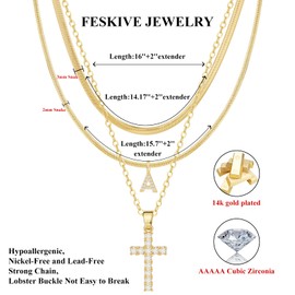 Feskive Layered Gold Necklaces for Women，Stackable 14K Gold Plated Tiny Initial Necklaces Simple CZ Cross necklace Dainty Layered Necklace Different Length Pendant Necklace Gold Jewelry Set for Women