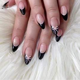Press on Nails Medium Almond MABKJLF Black French Tip Fake Nails with Pink Bow Designs False Nails Full Cover Glossy Glue on Nails Lovely Acrylic Nails Artificial Nails for Women Girls 24 Pcs