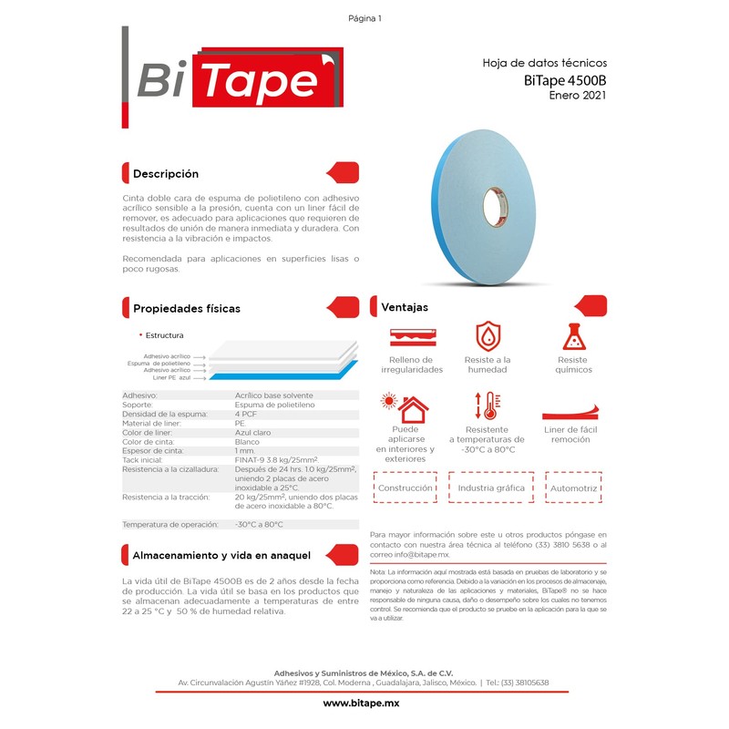 Cinta doble cara espuma blanca, BITape 4500B 1mm X 19mm
