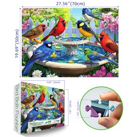 Birds at Birdbath 1000 Piece Jigsaw Puzzle for Adults Birds Bath Fountain Garden Scene Challenging Family Puzzle Perfect for Game Nights (27.5"X19.6")