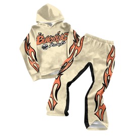 WDIRARA Boy's 2 Piece Outfits Letter Graphic Tracksuit Oversized Long Sleeve Hoodie and Flare Pants Set Multicolor 11Y