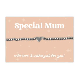WishStrings “Special Mum” Stainless Steel Beaded Stretch Bracelet | Heart Charm Gift from Daughter or Son | Sentimental Jewelry for Mum’s Birthday, Mother’s Day & Just Because