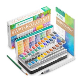 Norberg & Linden Watercolour Paint Set LG40 36 Colours in Half Bowls, 12 Page Drawing Pad, 2 Refillable Water Tank Brushes and 1 Drawing Brush Water Soluble Pigments in Painting Box
