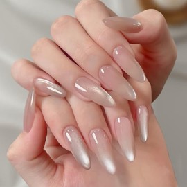 False Nails Almond Medium Length - 24Pcs Light Nude Cat Eye Press on Nails Almond - Glossy Full Cover Stiletto Fake nails with Glue - Shiny Acrylic Summer Stick on Nails for Women Girls