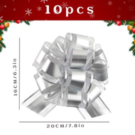 yisight Pack of 10 Large Gift Bows with Gift Ribbon, 15 cm Gift Bow for Crafts and Packaging, for Wedding, Birthday and Christmas (Silver)