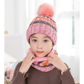 LCZTN Kids Winter Pom Beanie Hat Scarf Set for 5-14 Year Girls Warm Knitted Fleece Lining Slouchy Skull Cap