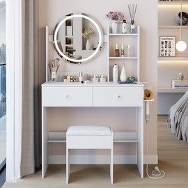 17" Round LED Mirror Vanity Table with 3 Color Options, Touch Switch, Adjustable Brightness, 2 AC + 2 USB Power Sockets - Stylish 2-in-1 Makeup & Grooming Station