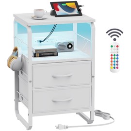 runjuly LED Nightstand, White Night Stand with Charger Station, Bed Side Table with Storage, Bedside Table with Drawers & Hooks, End Table with USB Ports & Outlets, Night Table for Living Room, Dorm