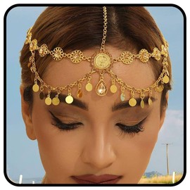 Banatra Boho Head Chain Gold Sequins Hair Chain Layered Crystal Headpiece Forehead Wedding Costume Hair Accessories for Women