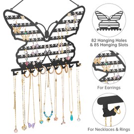 NiHome Butterfly Wall Mounted Jewelry Organizer, Decorative Metal Earring and Necklace Holder for Bedroom, Vanity, or Closet, Stylish Organizer with Easy Hanging for Fashion Lovers (Black)