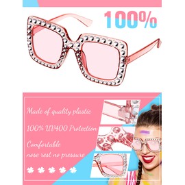 12 Pairs Crystal Oversized Sunglasses Rhinestone Square Diamond Sunglasses Frame Retro Sparkling Glasses for Women Men(Pink)