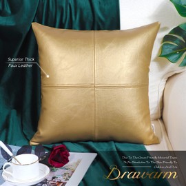 BRAWARM High Quality Cushion Cover Sofa Couch Home Decor Solid Color Luxury Faux Leather Hand Stitched Cushion Cover 55cm x 55cm Gold