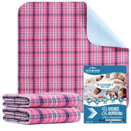 OUTCREATOR® Washable Bed Pads 34" x 54" (Pack of 2) for Incontinence Mattress Protector, Reusable Underpads for Elderly, Adults, Kids, Pets with Anti-Slip Bottom (Pink Plaid)