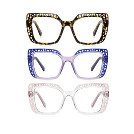 ICARA 3 Pack Oversized Square Reading Glasses for Women Fashion Oprah Style Blue Light Blocking Computer readers (Tortoise+Purple+Pink/Clear, 2.5, multiplier_x)