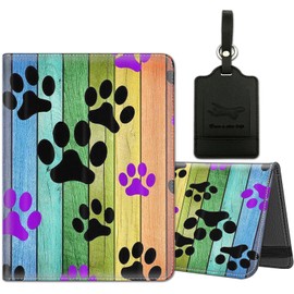 Passport Holder for Travel with Luggage Tag, PU Leather Passport Wallet with RFID Blocking for Women Men, Multi Card Slot Passport Cover Case, Rainbow Woodgrain Black and Purple Dog Paw