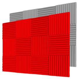 12/24/48 Pack Acoustic Panels 1 X 12 X 12 Inches - Sound Proof Foam Panels for Walls, High Desnsity Studio Soundproofing Wedges - Fire Resistant & Noise Absorbing for Studio, Office, Home:_24PCS Red+24PCS Gray