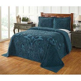 HNU 1 Piece Oversized Teal Blue Chenille Bedspread Elegant Solid Color Western Tufted Floral Medallion Motif 81 X 110 Bedspreads Twin 100 Percent Cotton Old Fashioned Traditional Extra Long Bedding