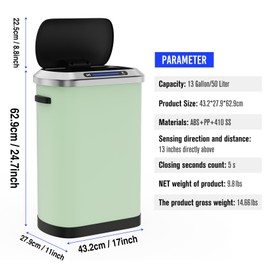 pouseayar 13 Gallon 50L Stainless Steel Smart Trash Can with Motion Sensor Super Quiet Lid and 30 Garbage Bags, Perfect for Kitchen, Home, Office - Blue