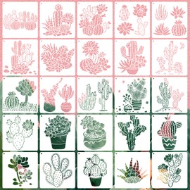 25 PCS Cactus Stencils Reusable Summer Cacti Stencils for Painting on Wood, Tropical Succulent Template for Painting on Furniture Wall Floor Canvas DIY Craft Home Decor, 6 x 6 Inch