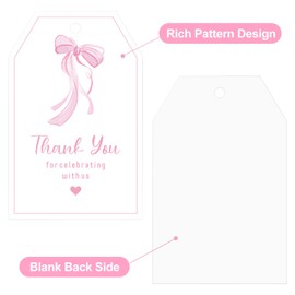 Anwyll Pink Bow Thank You Gift Tags,50pcs Cute Bowknot Thank You Party Favor Tags with String,Thanks for Celebrating with Us Tags,Baby Shower Thanks Tag Birthday Party Wedding Thanks Tag Favor
