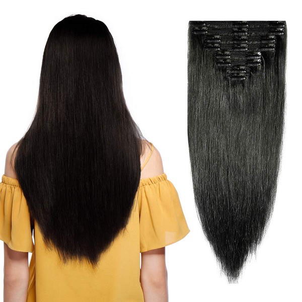 Double Weft 100% Clip in Remy Human Hair Extensions #1 Jet Black 10''-24'' Full Head Thick Thickened Long Soft Silky Straight 8pcs 18clips for Women Fashion 24" / 24 inch 170g