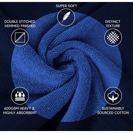 YRALY Luxury Towels for Bathroom Set of 8-2 Bath Towels 2 Hand Towels 4 Washcloths - 600 GSM 100% Cotton Ring Spun Viscose Border Towels Set - Royal Blue