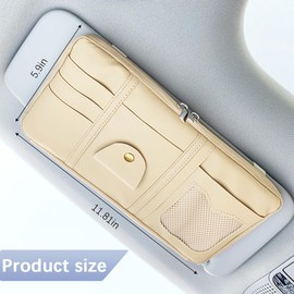 Norkmdi Car Sun Visor Organizer, Multi-Pocket Leather Vehicle Visor Storage Pouch & Sunglasses Holder, Auto Interior Document Card Holder with Double Zipper, Universal for Truck SUV Sedan (Beige)