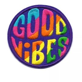 The Tiny Dragon GOOD VIBES IRON ON PATCH 3" Round Colorful Embroidered Applique Purple Retro NEW