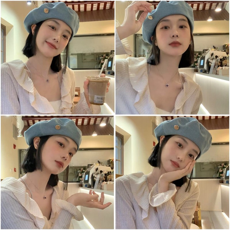 Weuiean NZH-610 Denim Beret Women's Button Decorated Hat, Adjustable Size,