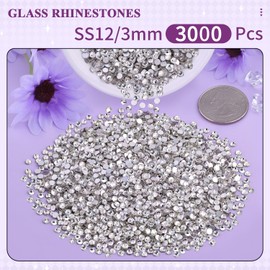 3000PCS SS12/3mm Crystal Rhinestones (Clear), Bedazzling Flatback Glass Rhinestones for Crafting DIY Nail Art Makeup Decoration, Gems Diomand Charms for Tumbler Shoes Clothing Mug