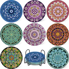 Pack of 8 Diamond Painting Coasters, Mandala Diamond Painting Coasters with Holder, Mandala Diamond Cup Coasters, 5D DIY Mandala Coasters, Non-Slip for Beginners, Adults & Children