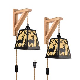 Sunnyin Wall Lamp Plug in,Deer Metal Wood Shelf Bracket Rustic Wall Sconces,Parchment Shade Farmhouse Wall Sconces Set of Two,Vintage Wall Mount Lights That Plug in,Wall Lamps for Living Room,Bedroom