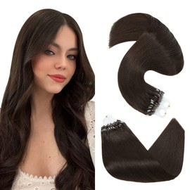 SLEEKALON Micro Loop Hair Extension Human Hair Micro Beads Hair Extension Brown Micro Link Real Human Hair Extensions for Women,#02 Dark Brown Microbeads Micro Ring Hair Extension,50s/50g/pack,18 Inch