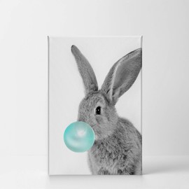 Smile Art Design Bunny Rabbit Animal Bubble Gum Art Teal Blue Canvas Print Black and White Wall Art Home Decoration Pop Art Living Room Kids Room Decor Nursery Ready to Hang Made in The USA 12x8