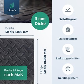 diconfa Rubber Mat Diamond Tear Plate 3 mm Thick - Width 0.1 m to 2 m - Length 0.05 m to 10 m - Selection 1.1 m (1100 mm) x 0.2 m (200 mm) - Sold by the Metre Rubber Mats Non-Slip Mat Rubber Runner