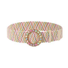 Urieo Round Elastic Woven Belts for women Beaded Colorful Straw Belt Stretch Braided Rattan Raffia Belt