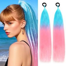 Ponytail Extension 18 inch Light Blue to Pink Colored Hair Extensions for Braiding Ombre Pony Tail Hair Extensions for Braids with Hair Tie Rave Crazy Hair Day 2 Packs