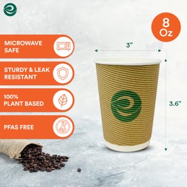 ECO SOUL 8Oz Compostable Ripple Cups (100 Pack) – Biodegradable Paper Cups, Non-Toxic Disposable Cups For Hot Drinks, To-Go Coffee Cups, Eco-Friendly & Ripple Paper Cups