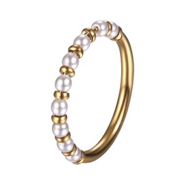 JewelryWe Damen Ring Gold Perlenring: Vergoldet Edelstahl Damenring Fingerring mit Weiß Süßwasserperlen Stapelbar Perlen Ring Verlobungsring für Frauen - Geschenk für Freundin Mutter Tochter Größe 57