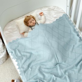 mimixiong Baby Blanket 100% Cotton Knitted Soft Knit Crochet Blankets for Newborn Boy Girls Toddler 100x80cm (Light Blue)