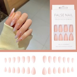 JUSTUSNX 24pcs Almond French Fake Nails Nude White Edge False Nails Pink Pearl Heart Glitter Press on Nails for Women and Girls