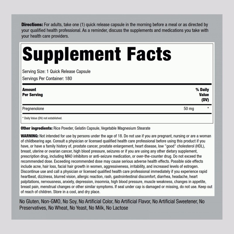 Piping Rock Pregnenolone 50 mg | 180 Capsules | Hormone
