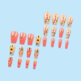 Flower Press on Nails Medium Square Fake Nails Spring Flower Nails Press on Summer Glue on Nails with Floral Butterfly Designs Cute Acrylic False Nails Tip Reusable Stick on Nails for Women 24PCS