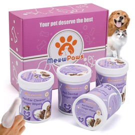 MeowPaws Dog Ear Cleaner Wipes and Dental Wipes 240 Counts Gift Packaging, Pet Ear Cleaning Finger Wipes and Teeth Cleaning Finger Wipes for Dogs & Cats, Gently Remove Ear Wax and Reduces Plaque