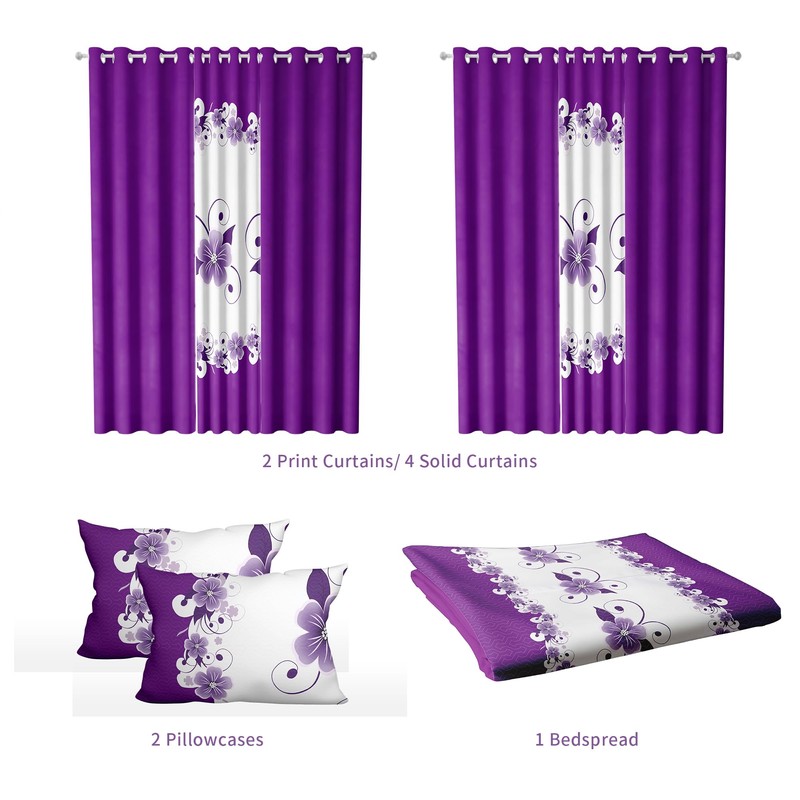 King Size Bedspread Set 9 Pieces, Purple Gardenia Flower