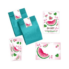 Minkocards 12 Invitation Cards for Children's Birthday Party Watermelon Girls Invitation Girls Birthday Invitation Including 12 Envelopes, 12 Party Bags / Petrol Blue, 12 Stickers and 12 Bookmarks