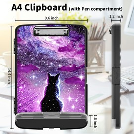 BEOTIWAD Clipboard with Storage High Capacity Plastic Nursing Clipboards with Pen Holder File Folder Storage Box Clipboard with Heavy Duty Clips for Teacher,Doctor,Offices-Hipster Cat Galaxy